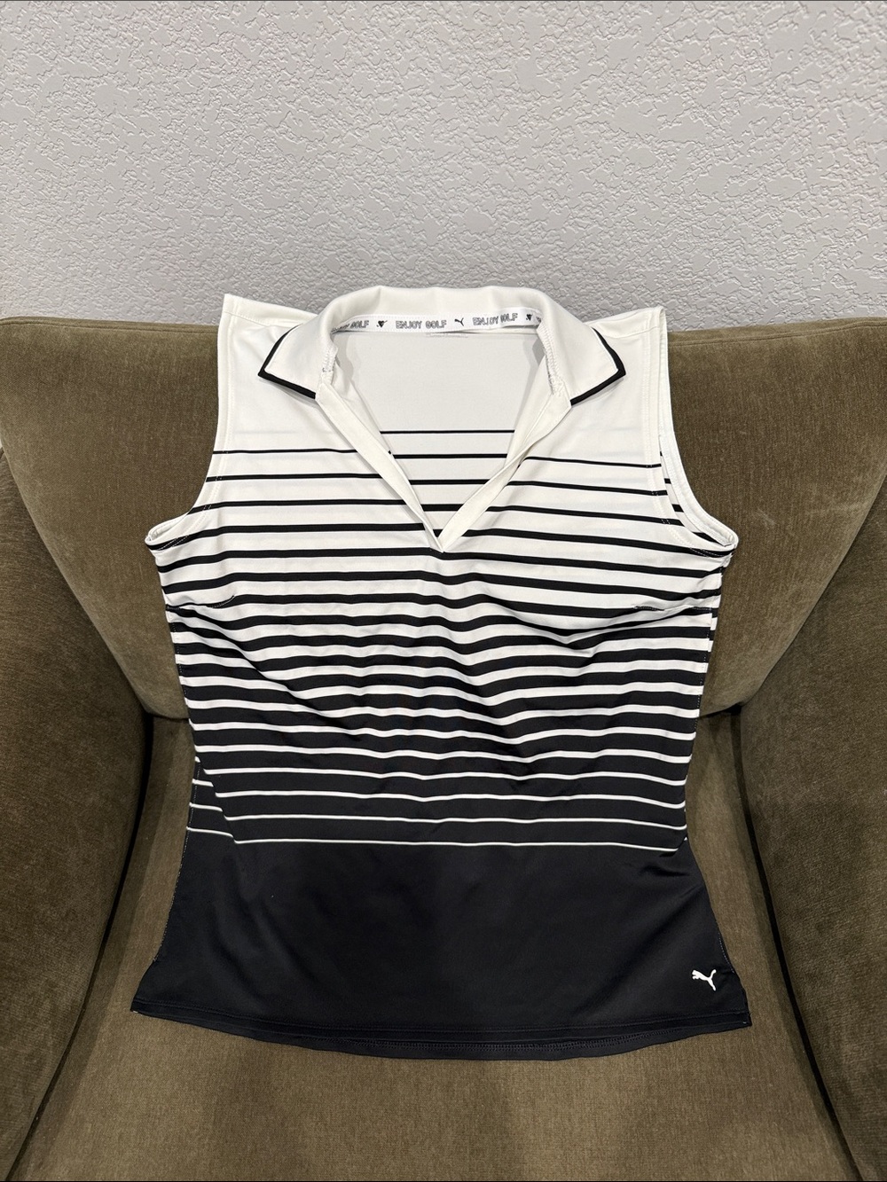 Puma Women’s Black and White Striped Sleeveless Polo Tank